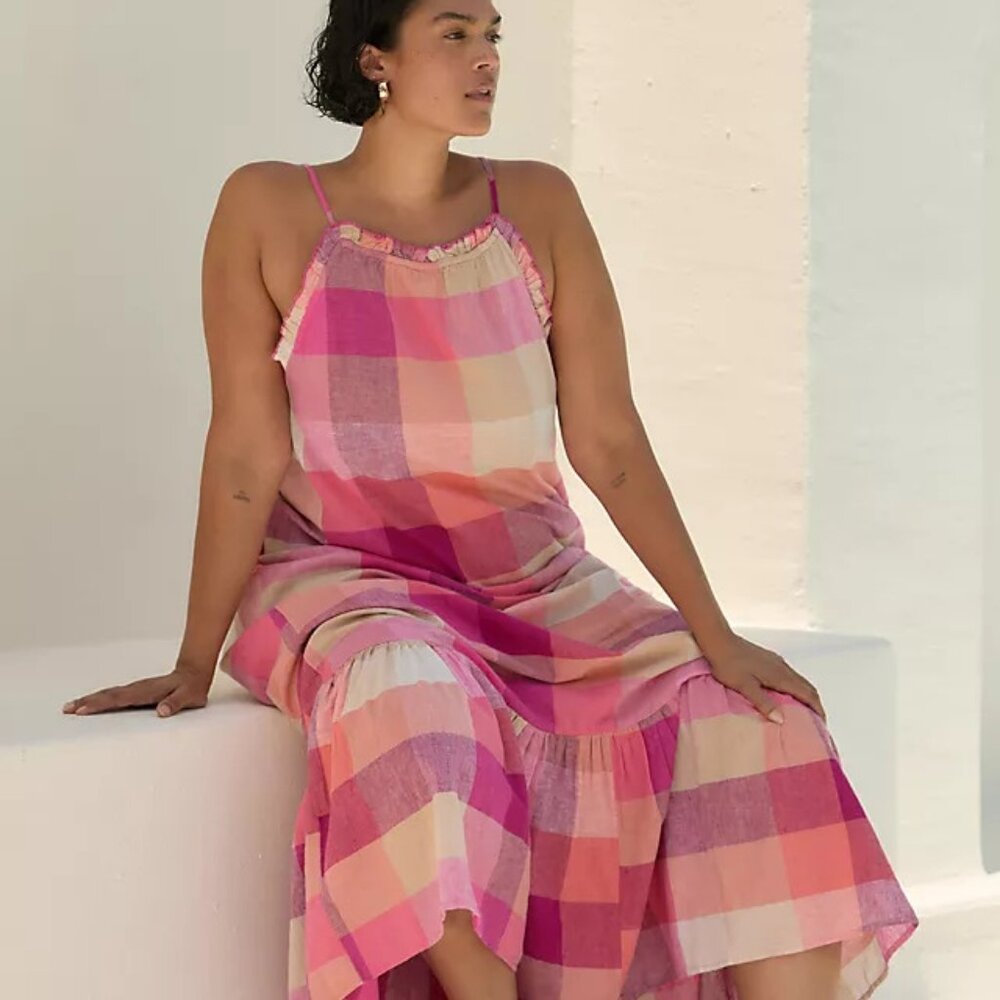 Anthropologie MALIKA Picnic Edition Printed Dress XL Pink Plaid Desert Inspired